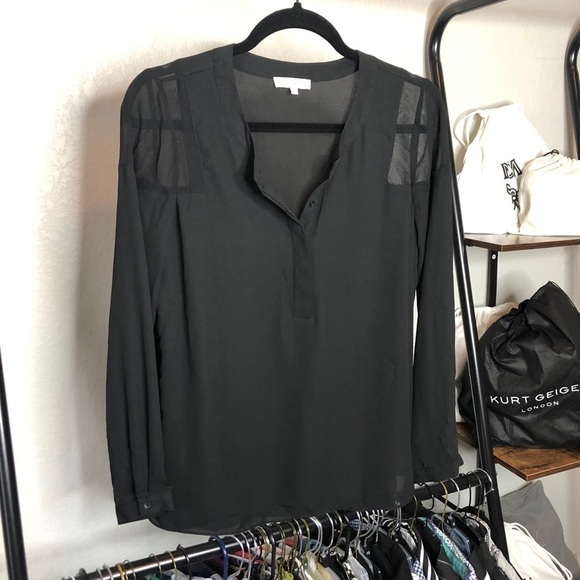1. State Sheer Black Half Button Popover Blouse - Picture 1 of 7
